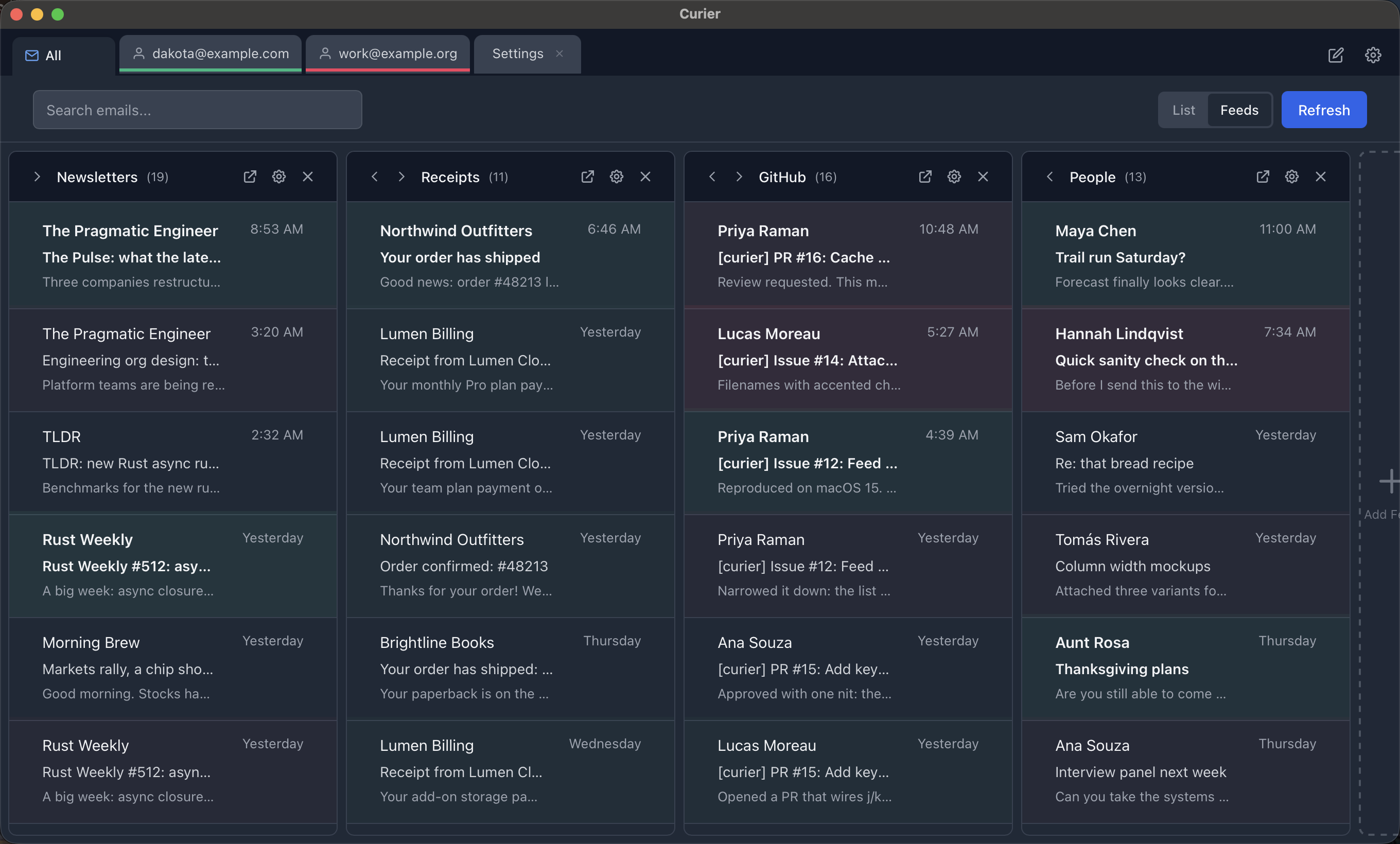 Curier's feeds view: four columns labelled Newsletters, Receipts, GitHub and People, each listing messages, with two account tabs across the top